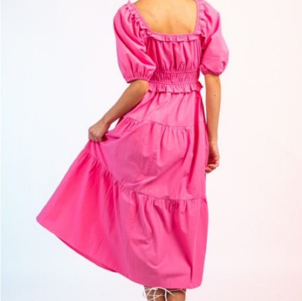 Pink Peasant Midi Ruffled top Elastic Empire waist Multi-tiered Dress- S…